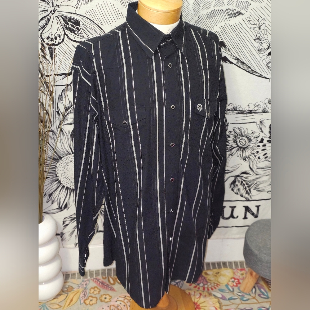George Strait Troubadour Black and White Striped Button-Up Shirt XL
